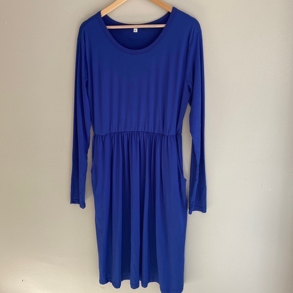 Blue Long Sleeve Elastic Waist Dress with Pockets 95% Rayon / 5% Spandex - Picture 1 of 4